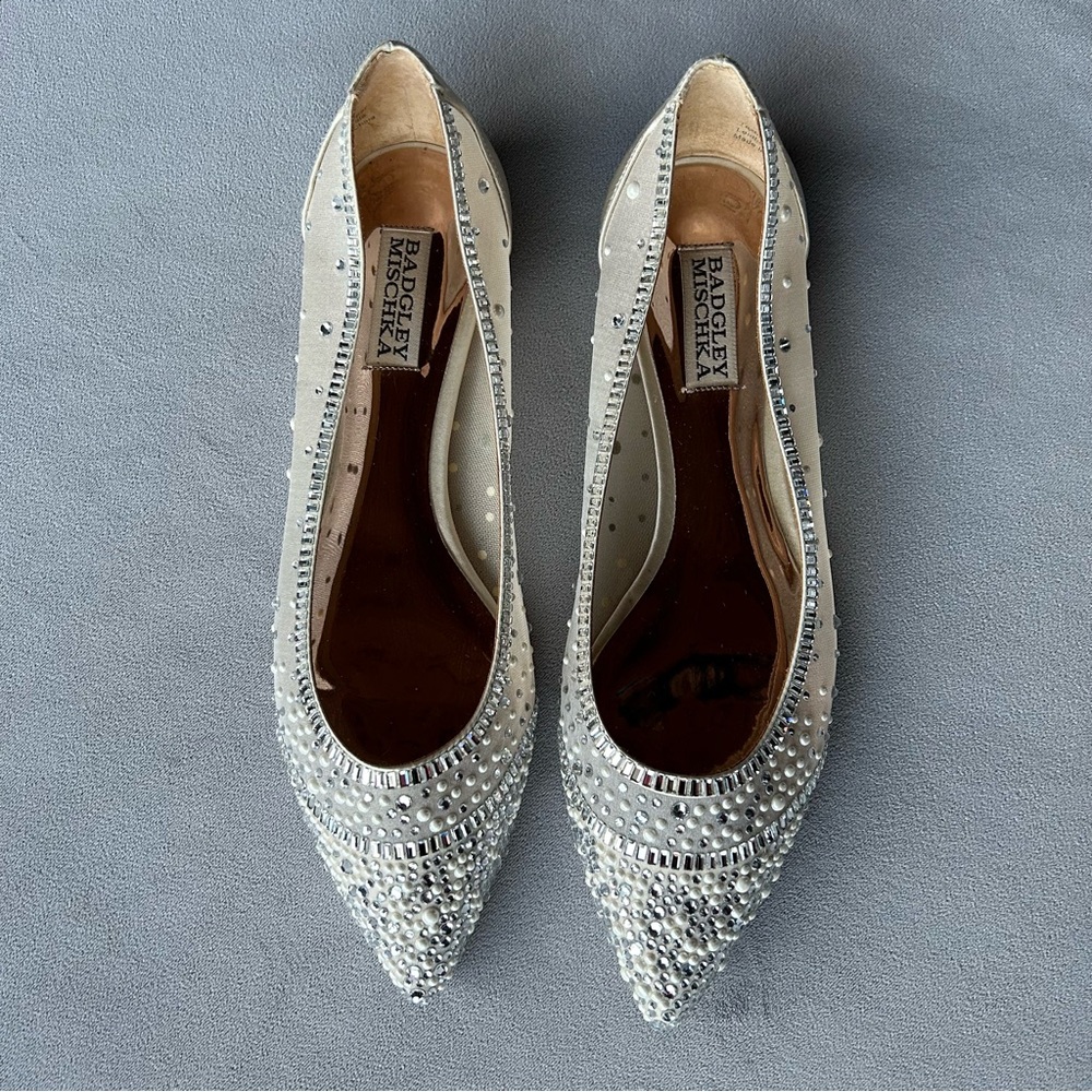Badgley Mischka ~ Babette ~ Bejeweled Mesh Flat ~ Ivory Satin ~ Womens Size 8 - Picture 6 of 17